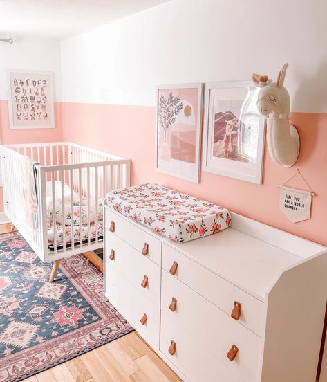 Mid Century Nursery, Half Painted Walls, Ruggable Rugs, Nursery Reveal, Nursery Decorations, Boho Mid Century, Girl Nursery Room, Nursery Paintings, Nursery Room Inspiration