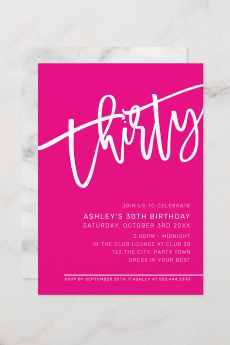 MODERN SCRIPT 30th birthday party hot pink white Invitation #elegant #birthday #happybirthday #birthdaycards #birthdayparty #thirties #thirtybirthday #minimalist Pink 30th Birthday, 30th Birthday Ideas For Women, White Invitation, 30th Birthday Party, Thirty Birthday, Invitation Elegant, Elegant Birthday, 30th Birthday Parties, Birthday Woman