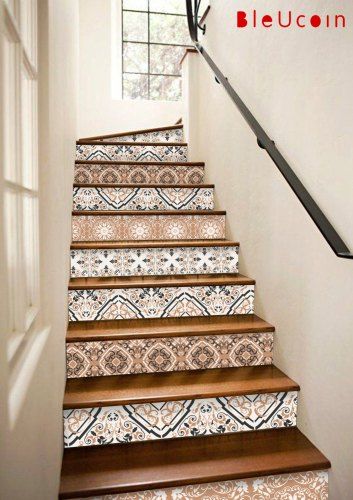 Stairs Wallpaper Ideas, Stair Steps Ideas, Bohemian Stairs, Tile Stairs Indoor Staircases, Entry Staircase Ideas, Wallpaper Stair Risers, Stairway Landing Decorating Ideas, Boho Stairs, Vintage Stairs