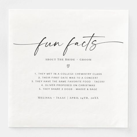 Bride And Groom Fun Facts, Fun Facts Wedding, Wedding Fun Facts, Vision 2024, Desert Boho, Paper Dinner Napkins, Chemistry Class, Wedding Vision, Prom Ideas