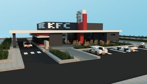 Minecraft KFC Restaurant | Fried Chicken Shop, creation #4415 Minecraft Restaurant Ideas, Minecraft Holiday, Minecraft Scenery, Minecraft Restaurant, Minecraft Stores, Building Minecraft, Minecraft Modern City, Kfc Restaurant, Minecraft Shops