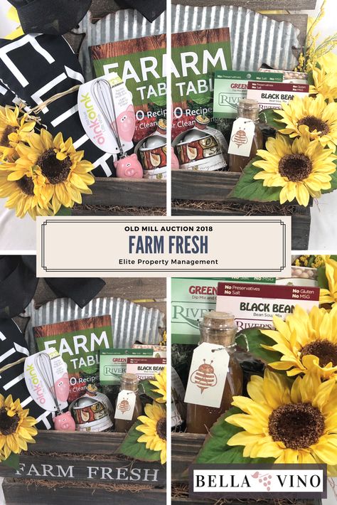 Auction gift basket idea:  Farm Fresh-in a rustic "farm fresh" crate with foods made on local farms, including Farm to Table cook book, rustic pig wall hanging, and items used in cooking fresh! Farm To Table Gift Basket, Farm Theme Gift Basket, Farmers Market Gift Basket Ideas, Silent Auction Basket, Basket Raffle, Auction Gift Basket Ideas, Thank You Baskets, Raffle Ideas, 4h Projects