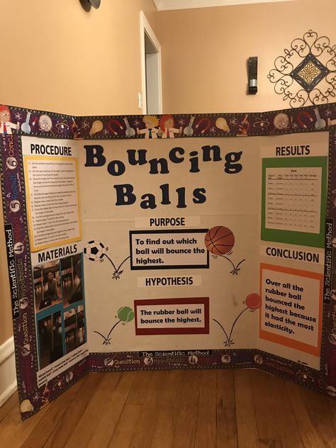 3rd Grade Bouncing Ball Science Fair project 3rd Grade Poster Board Projects, Science Fair Elementary, Steam Fair Projects For Kids, Science Fair Projects 3rd Grade, 1st Grade Science Fair Projects, Sports Science Fair Projects, Science Fair Projects Ideas, Science Fair Ideas Elementary, 5th Grade Projects