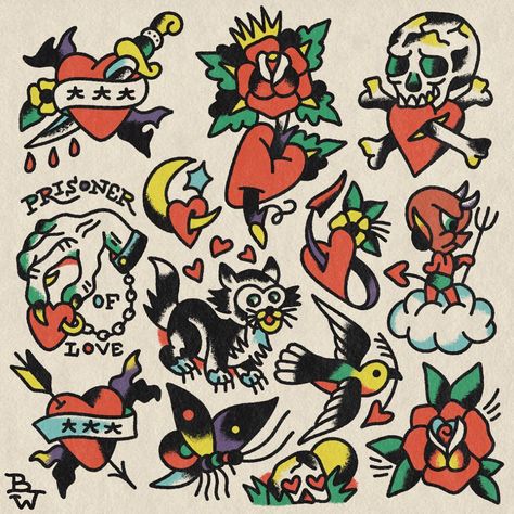 Valentines Day Flash hot and ready for your skin! I will be tattooing off this sheet for this whole week, so If you can’t make it tomorrow,… | Instagram Valentine’s Day Traditional Tattoo, Sailor Jerry Flash Sheet, Afycso Tattoo, Vintage Tattoo Flash Sheet, Valentines Flash Sheet, Dan Higgs Flash, Valentine’s Day Flash, American Traditional Tattoo Flash Sheet, Trad Flash Sheet