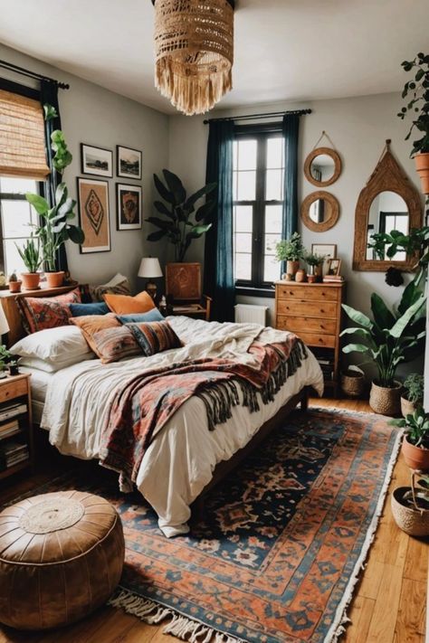 Modern Bohemian Aesthetic, 90s Aesthetic Bedroom Ideas, Boho Rental Apartment, Cozy Bedroom Cabin, Nostalgic Home Decor, Boho Traditional Bedroom, Rustic Eclectic Bedroom, Good Vibes Bedroom, Colorful Home Aesthetic