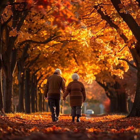 Autumn Stroll Together: An elderly couple holds hands as they walk down a beautiful autumnal path, surrounded by golden leaves. #autumn #couple #leaves #trees #walk #golden #holding hands #path #aiart #aiphoto #stockcake https://ayr.app/l/ntc6 Couples Walking Together, Autumn Couple Photoshoot, Autumn Couple, Aesthetic Playlist, Autumn Photoshoot, Older Couple, Couple Walking, Couple Holding Hands, Elderly Couples