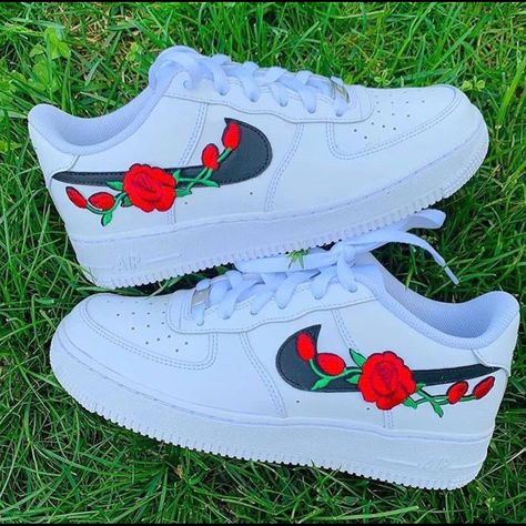 Custom Red Embroidery Rose Airforce 1 Cool Sneakers For Men And Womenplease Allow 5-7 Business Days For Delivery You Can Also Purchase These Kicks For Cheaper On My Second Platform Go Head Check Out The Link In The Bio:) By Clicking The Button About Custom Shoes Diy, Preppy Shoes, Jordan Shoes Girls, Custom Nike Shoes, All Nike Shoes, Custom Air Force 1, Nike Air Shoes, Cute Nike Shoes, Cute Sneakers