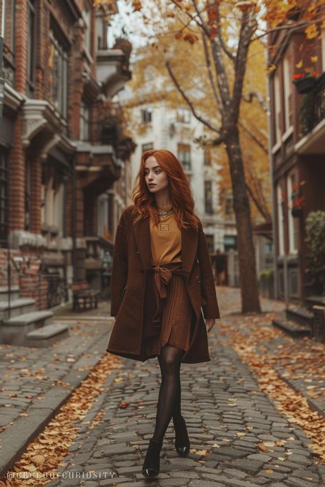 Woman in brown coat, autumn city street, golden leaves, soft curls, walking confidently, chic fall style, warm tones, vintage setting, peaceful stroll, cobblestone pathway, stylish outfit, layered look, fashionable silhouette, casual elegance, relaxed mood, soft autumn glow, confident presence, autumn air, fashionable details, comfortable yet stylish, scenic walk Fall Outfits Soft Natural, Soft Natural Autumn, Outfit Parisienne, Flamboyant Natural Style, Red Hair Fall, Classic Fall Fashion, Cobblestone Pathway, Makeup Highlighting, Chic Fall Style