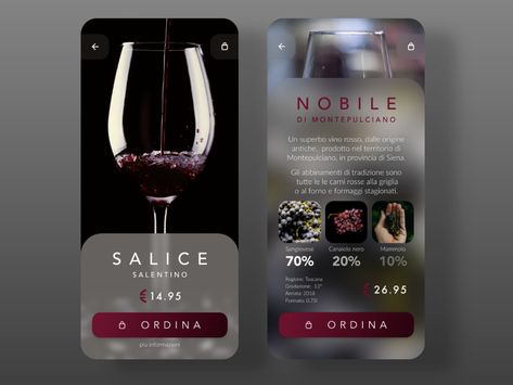 Vini d'Italia by Tina Bonis on Dribbble    An Italian wine shop concept with a selection of fine wine of the most prestigious Italian winery. Simple minimal layout and some background blur for a frosted glass effect. Red wine screens. Cin cin!    #ui #uidesign #userinterface #userinterfacedesign #appdesign #mobileapp  #mobileapplication #graphicdesign #fooddesign #ecommerce #ecommercewebsite #blurredbackground #black #wine #winelovers #vino #italy #italianstyle #italianwine Enoteca Design, Web Design Dark, Italian Winery, Dark Website, Wine Logo Design, Wine App, Minimal Layout, Fashion Web Design, Wine Boutique