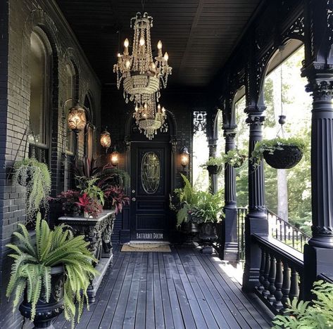 Victorian Gothic Farmhouse, Gothic Victorian Homes Interior, Gothic Front Porch, Goth Porch, Gothic Porch, Farmhouse Gothic, Victorian Gothic Home Decor, Gothic Victorian House, Gothic Farmhouse