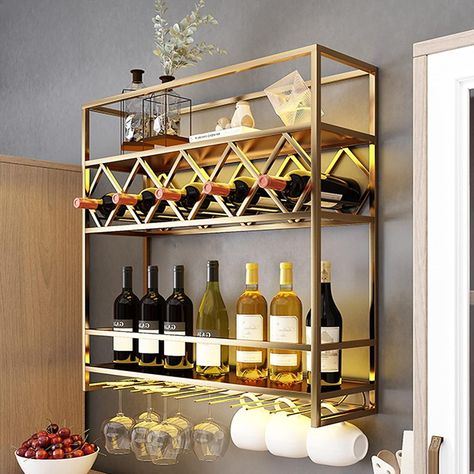 amhricho Wine Rack Wall Mounted, 3 Layers of Wall Wine Rack for Storage, Wine Holder Wall Mounted Wine Bottle Racks for Home, Bar, Coffee, Kitchen, Living Room (Color : Gold) Wine Holder Wall, Home Wine Bar, Wall Wine Rack, Living Room Gold, Bourbon Room, Wall Mounted Wine Rack, Wine Bottle Rack, Countertop Design, Wine Rack Wall