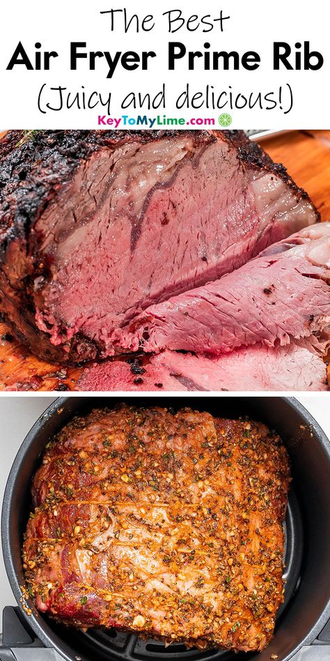 Two images of air fryer prime rib, with title text at the top. Airfryer Roast Beef Recipes, Beef Airfryer Recipe, Air Fryer Rotisserie Roast Beef, Air Fryer Roast Recipes, Air Fryer Beef Roast Recipes, Airfryer Rotisserie Recipes, Beef Roast In Air Fryer, Beef Roast Air Fryer Recipes, Roast Beef Air Fryer