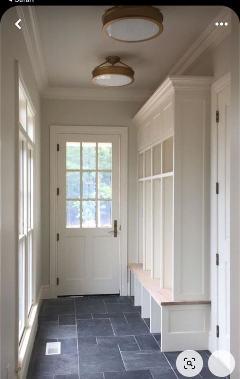 Mudroom With Vaulted Ceiling, Bluestone Mudroom, Mudroom Entry Door, Mudroom Ceiling Lights, Mud Room Exterior Door, Mud Room Door Exterior, Mudroom Laundry Room Lighting, Mudroom With Bathroom Layout, Mudroom Narrow Entryway