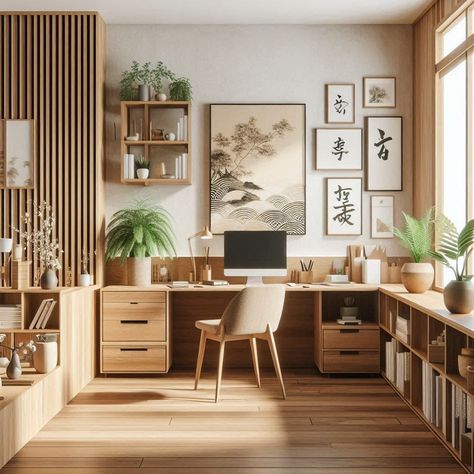 Japandi Bedroom Office, Japandi Craftsman, Japanese Inspired Office, Japandi Home Office Design, Japandi Interiors Office, Japandi Office Space, Japandi Office Interior, Japandi Desk Setup, Japandi Study Room