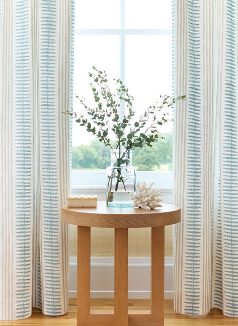 The perfect drapes to complete your summer home. #draperies #drapes #coastaldesign #livingroom Modern Coastal Curtains, Coastal Cottage Curtains, Grand Millennial Curtains, Thibaut Curtains, Drapes Dining Room, Coastal Drapes, Striped Drapes, Thibaut Fabric, Coastal Curtains