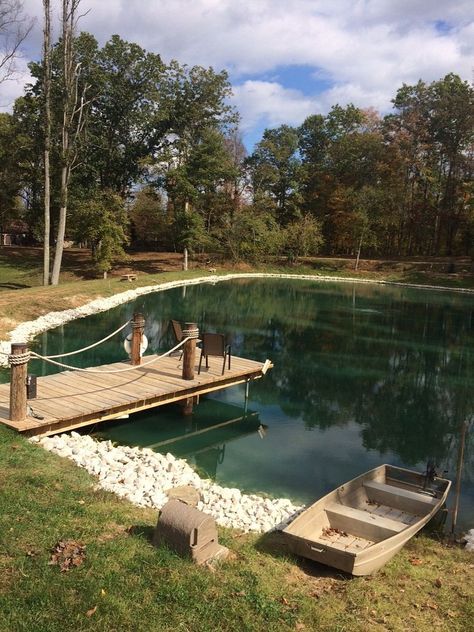 Farm Pond, Natural Swimming Ponds, Garden Pond Design, Wooden Deck, Swimming Pond, Natural Pond, Pond Life, Pond Landscaping, Natural Swimming Pools