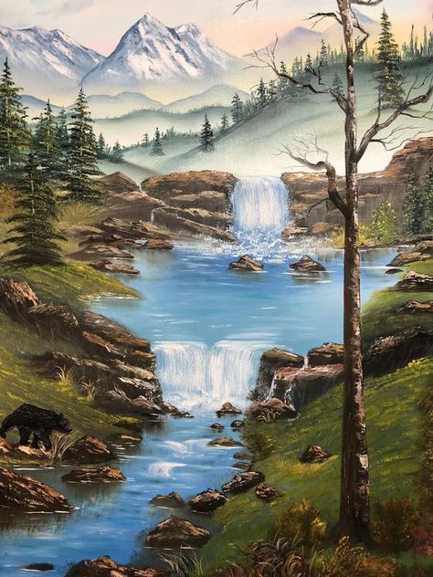 Bob Ross Style Painting For Beginners | First time I tried painting a bear | Facebook Bob Ross Paintings Tutorials, Bob Ross Paintings Tutorials Easy, Pastel Bob, Bob Ross Painting Videos, Bob Ross Landscape, Bob Ross Art, Bob Ross Paintings, Scenic Art, Painting Demo