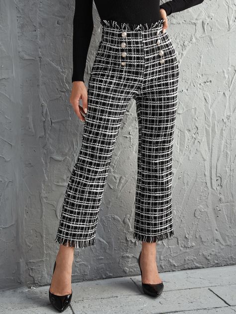 Double Breasted Frayed Trim Tweed Pants | SHEIN USA Tweed Pants Outfit Women, Tweed Pants Outfit, Chanel Inspired Outfit, Tweed Fashion, Tweed Pants, Tweed Trousers, Side Pants, Tweed Shorts, Pencil Skirt Black