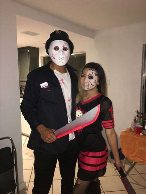 Mr. and ms. Jason vorhees Halloween costume Jason Custome Halloween Women, Female Jason Halloween Costume, Diy Jason Costume, Jason Women Halloween Costume, Halloween Costumes Jason, Jason Couple Costume, Cute Jason Costume, Jason Makeup Halloween, Jason Voorhees Makeup