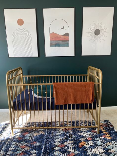 Black Green Nursery, Paint Color Accent Wall, Navy Nursery Neutral, Nursery Dark Green, Green And Navy Nursery, Bold Nursery Ideas, Green Nursery Gender Neutral, Navy And Gold Nursery, Nursery Dark Blue