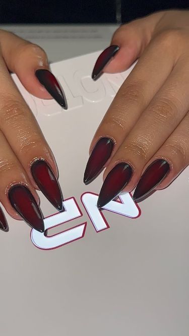 Wine And Black Nails, Dark Cherry Red Nail Designs, Dark Red And Black Nails, Burgundy And Black Nails, Dark Red Almond Nails, Grad Nails, Red Aura, Wine Nails, 2024 Nails