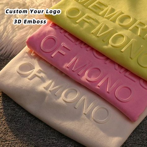 Emboss Print T-shirt, Unique Packaging Ideas Clothing, Embossed Clothing, Embossed Shirt, Sweatshirt Business, Sportswear Details, Classy Logos, Printing T Shirt, Graphic Fashion