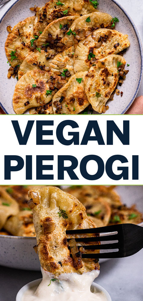 Vegan pierogis in a bowl and being dipped in sauce. Vegan Lamb, Unusual Vegan Recipes, Dairy Free Perogies, Vegetarian Polish Recipes, Vegan Leek Recipes, Vegan Supper Ideas, International Vegetarian Recipes, Fancy Vegan Recipes, Dairy Free Pierogi Recipe