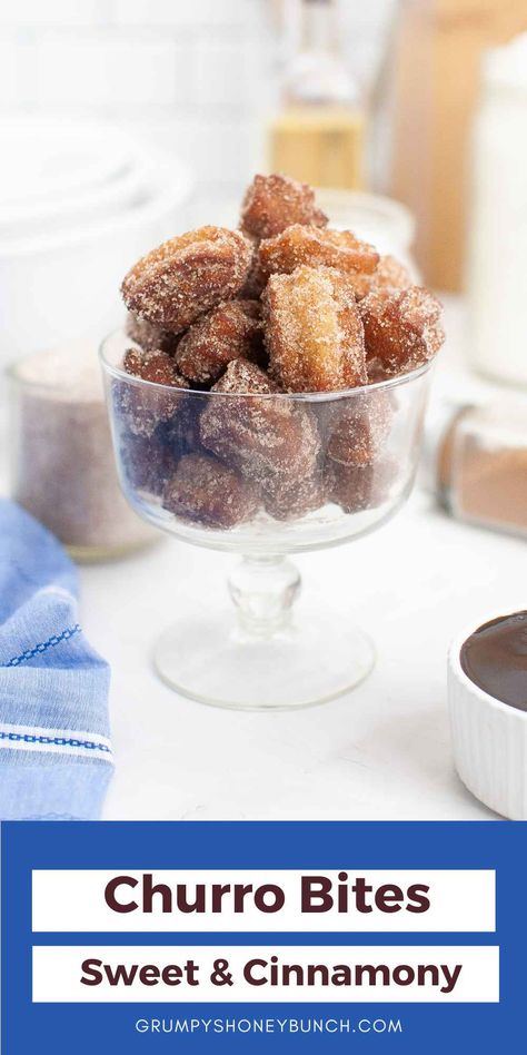 These easy, bite-sized Churro Bites are crispy on the outside, soft on the inside, and coated in cinnamon sugar – the ultimate treat! Perfect for parties, holidays, or anytime you're craving something sweet and dippable. Churro Bites Recipe, Churro Cookies, Churro Bites, Mouthwatering Desserts, Quick Cake, Dessert For Two, Easy Homemade Recipes, Scrumptious Desserts, Chocolate Sweets