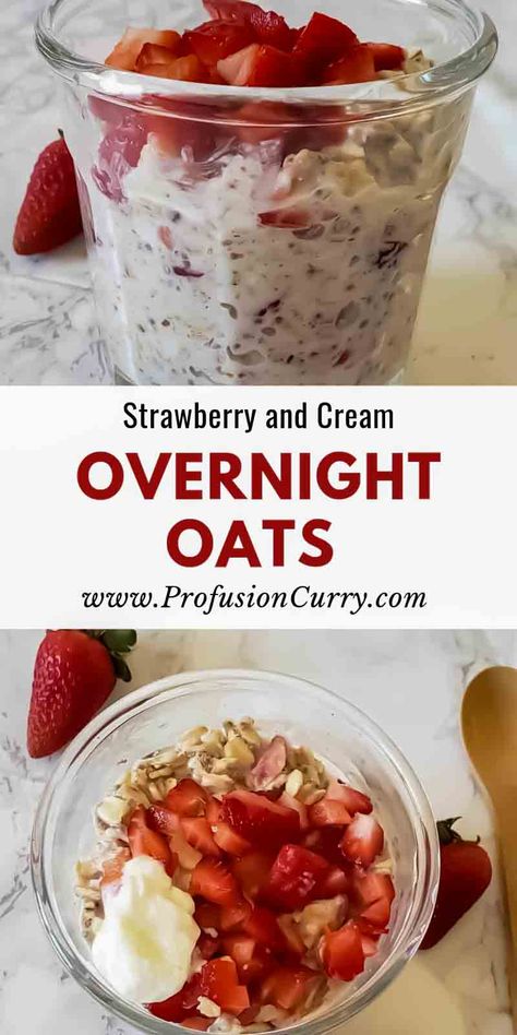 Strawberries and cream overnight oats is perfect for indulgent yet healthy make ahead breakfast. Overnight Oats For The Week, Protein Oats Breakfast, Cold Breakfast Ideas, Strawberries And Cream Overnight Oats, Healthy Strawberry Recipes, Ozempic Diet, Overnight Oats Recipe Easy, Best Overnight Oats, Oats Recipes Breakfast