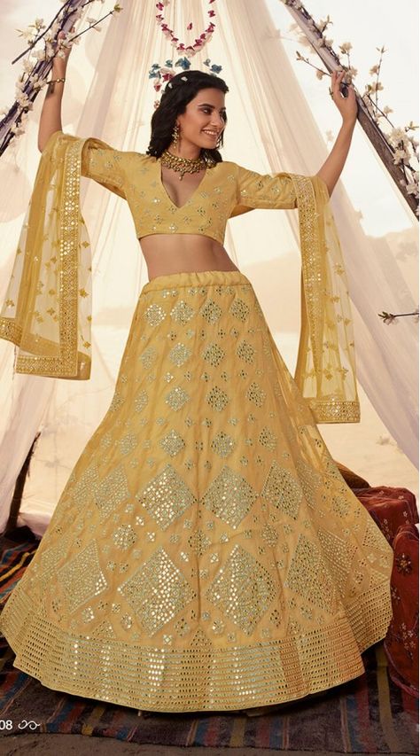 Masturd Yellow Organza Lehengha Choli Organza Bridal, Bridal Lehenga Online, Ghaghra Choli, Mirror Work Lehenga, Types Of, Organza Lehenga, Yellow Lehenga, Party Wear Lehenga Choli, Lengha Choli