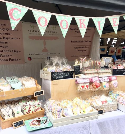 I appreciate the levels here Cookie Popup Display, Cake And Cookie Display, Diy Cookie Tray Display, Treat Vendor Booth Ideas, Bake Sale Booth Ideas, Cake Pop Up Shop Display Ideas, Cookie Farmers Market Display, Pop Up Set Up Ideas Treats, Bake Sale Stand Ideas Display