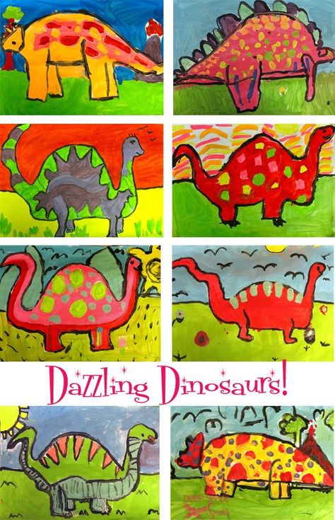 2nd Dinosaur-art-lesson.                     As the subject for pop art grade three draw original then trace or photocopy additional 3  |Pinned from PinTo for iPad| Dinosaur Art Projects, Dinosaur Lesson, Dinosaur Watercolor, Overlapping Shapes, Dino Art, Children's Drawing, First Grade Art, Kindergarten Art Lessons, Deep Space Sparkle