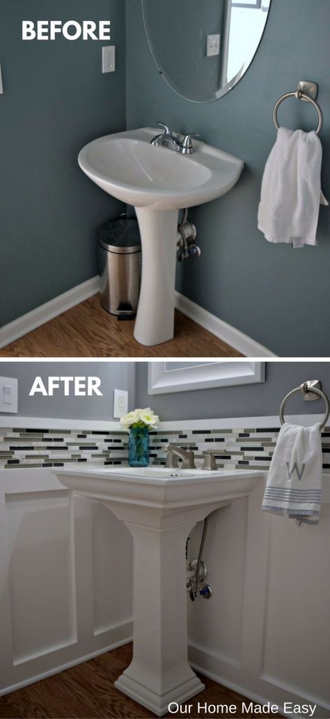 Budget Powder Room Reveal [ORC Week 6] - Our Home Made Easy Budget Powder Room, Small Half Bathrooms, Half Bath Remodel, Powder Room Remodel, Powder Room Makeover, Diy Bathroom Vanity, Diy Bathroom Remodel, Pedestal Sink, Powder Rooms