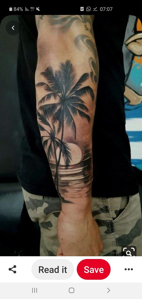 Tropisches Tattoo, Biomechanical Tattoo Design, Cool Shoulder Tattoos, Model Tattoo, Palm Tattoos, Mens Shoulder Tattoo, Cool Forearm Tattoos, Palm Tree Tattoo, Beach Tattoo