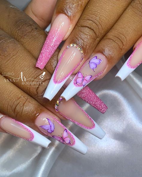 Acrylic Nails With Butterflies, Hot Pink Acrylic Nails, Nails With Butterflies, 15 Nails, Formal Nails, Cute Acrylic Nail Designs, Butterfly Baby Shower, Really Cute Nails, Butterfly Theme