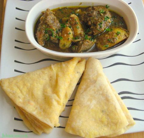 Curry is a very popular dish in Guyana.   More than half of Guyana’s population originate from India, so our culture and cuisine reflects that.   Any vegetable or meat can be made into a curry,  I used the very popular chicken and potato combination. Here it’s served with Dhal Puri, and Indian flatbread. Chicken and Potato Curry 4 lbs chicken, cut up 5 cloves garlic, crushed 10 stems fresh thyme 2 chicken bouillon cube 1 cinnamon stick 1/3 cup canola oil 4 medium potato cut... Guyanese Curry, Dhal Puri, Guyana Food, Chicken And Potato Curry, Guyanese Recipes, Chicken And Potato, Carribean Food, Trini Food, Potato Curry