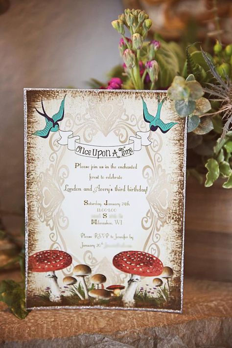 Once Upon A Time Fairytale Birthday Party via Kara's Party Ideas KarasPartyIdeas.com The Place for ALL things Party! Cake, tutorials, printables, desserts, favors, food and more! #fairytaleparty #woodlandparty #onceuponatime #karaspartyideas (36) Enchanted Forest Wedding Invitations, Fairytale Invitation, Fairytale Birthday Party, Art Nouveau Wedding Invitation, Forest Invitation, Forest Wedding Invitations, Fairytale Birthday, Cottagecore Wedding, Art Nouveau Weddings