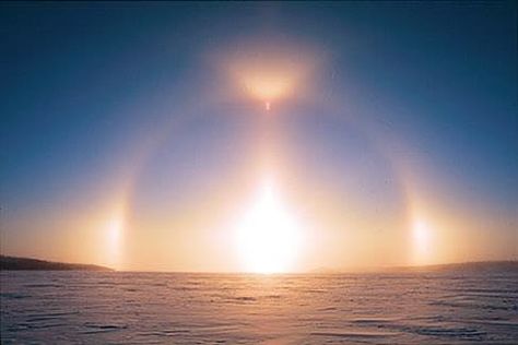 || Sundogs, or parhelion, are made commonly of plate-shaped hexagonal ice crystals in high and cold cirrus clouds or, during very cold weather, by ice crystals drifting in the air at low levels. These crystals act as prisms, bending the light rays passing through them. If the crystals are randomly oriented, a complete ring around the sun is seen. But often, as the crystals sink through the air they become vertically aligned, so sunlight is refracted horizontally — in this case, sundogs are seen. Sun Dogs, Ice Crystals, Atmospheric Phenomenon, Light Rays, Very Cold, To Infinity And Beyond, Prisms, Natural Phenomena, Sky And Clouds