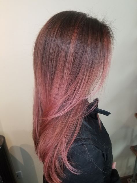 Baylage Pink Hair, Fuchsia Highlights, Pink Hair Color Ideas For Brunettes Straight Hair, Dusty Rose Highlights, Pink Baylage Hair Light Brown, Dark Pink Balayage Brunette, Dark Brown To Pink Balayage, Dusty Pink Balayage, Brunette Hair Pink Highlights