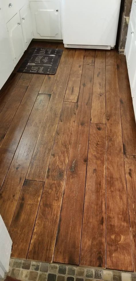 Rustic Floors Farmhouse, Rustic Pine Floors, Rustic Stained Kitchen Cabinets, Small Room Flooring Ideas, Pine Plank Floors, Plywood Floors Ideas, Luxury Vinyl Plank Flooring Living Room, Plywood Flooring Ideas, Rustic Flooring Ideas