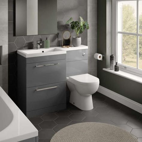 The White Space Scene Gloss Ash Grey L Shape Unit & Basin | VB4U™ Toilet And Sink Unit, Small Ensuite, Grey And White Bathroom, Traditional Bathrooms, Small Bathroom Interior, Freestanding Vanity Unit, Compact Bathroom, Fitted Bathroom, Basin Vanity Unit