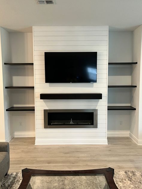 Shiplap Fireplace Wall With Shelves, Shiplap Fireplace With Shelves On Side, Fireplace Tv Accent Wall, Electric Fireplace With Floating Shelves, Shiplap Fireplace With Floating Shelves, Shiplap Fireplace With Shelves, Shiplap Wall With Shelves, Shiplap Entertainment Wall, Fireplace With Floating Shelves