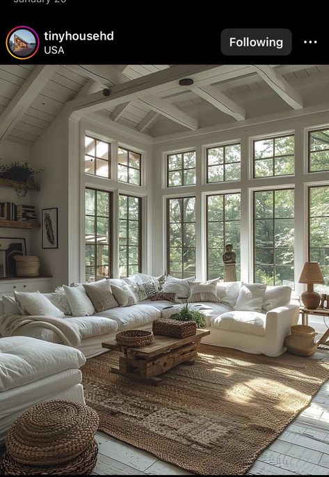 Sunroom Modern Farmhouse, Brown Window Frames, Large Sunroom Ideas, Washington Cottage, Modern Farmhouse Sunroom, Windows Inspiration, Sunroom Doors, Big Windows Living Room, Conservatory Sunroom