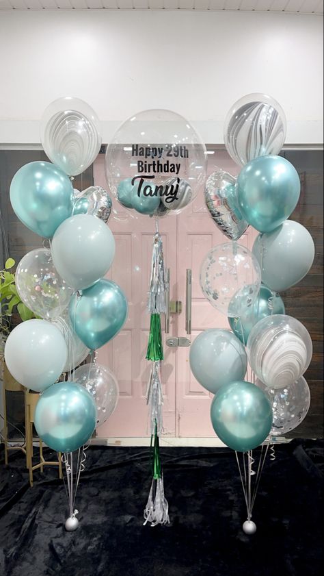 Shades of Green Sleepover Cake, Essential Oil Party, Simple Balloon Decoration, Baloon Garland, Teal Balloons, Aladdin Birthday Party, Birthday Organizer, Happy 29th Birthday, Beach Birthday Party