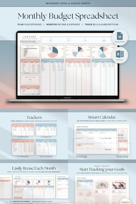 Take charge of your finances with this Monthly Budget spreadsheet from TheWeeklyCrew. Enjoy automatic calculations, currency flexibility, and a sleek design for easy tracking. Ideal for beginners, it syncs across devices and includes a bonus goal tracker. Simplify your money management with this practical and visually appealing finance tracker. Spreadsheet Aesthetic, Financial Budget Spreadsheet, Excel Monthly Budget Spreadsheet, Spreadsheet Ideas, Home Budget Spreadsheet, Excel Planner, Business Finance Management, Spreadsheet Design, Google Sheets Templates