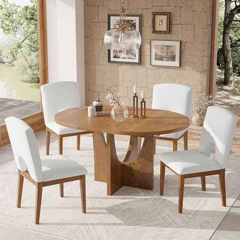 Amazon.com - VilroCaz 5-Piece Retro Functional Dining Set, Solid Wood Extendable Dining Table with 4 Upholstered Chairs and Rattan Backrests, Round Dining Table Set for Dining Room Kitchen (Natural-7.7) - Table & Chair Sets Extendable Round Dining Table, Round Dining Table Set, Extendable Dining Table Set, Round Extendable Dining Table, Round Dining Table Sets, Extendable Table, Cross Legged, Round Dining Set, Solid Wood Dining Set