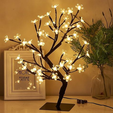 PEIDUO 17.5” Lighted Cherry Blossom Tree 48 Warm White Lights Plug in Adapter Light up Bonsai Tree for Christmas Indoor Home Bedroom Office Living Room Tabletop Tree Night Light Artificial Plants Cherry Blossom Bonsai Tree, Cherry Blossom Petals, Warm White Lights, Dinner Party Decorations, Led Tree, Tree Lamp, Tree Light, Tree Table, Led Decor