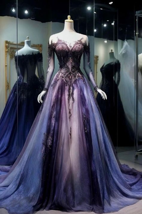 Purple Gothic Wedding Dress, Dark Purple Wedding Gown, Night Court Gown, Dream Dress Fantasy, Unique Colored Wedding Dresses, Dark Fantasy Gown, Dark Purple Ball Gown, Night Court Fashion, Mystical Dresses