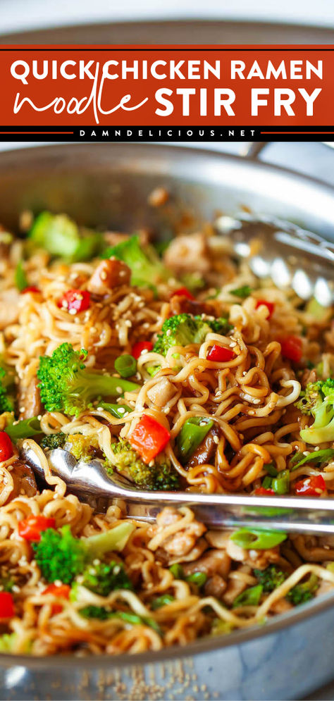 An easy ramen stir fry recipe! In just 30 minutes, you can have this Quick Chicken Ramen Noodle Stir Fry for a simple weeknight dinner. This chicken dish is also a great way to sneak in all the veggies! Quick Chicken Ramen, Ramen Noodle Stir Fry, Chicken Ramen Noodle Recipes, Ramen Stir Fry, Noodle Stir Fry, Chicken Ramen, Asian Inspired Dishes, Fry Sauce, Easy Asian Recipes