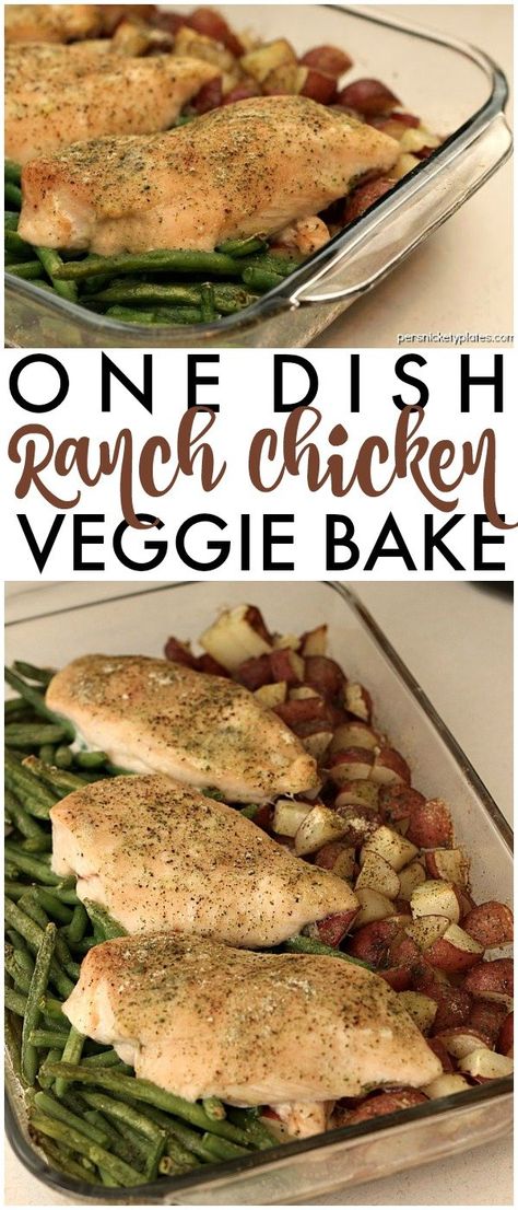 One Dish Ranch Chicken Veggie Bake - Red Skin Potatoes and Green Beans baked right with your chicken! An entire dinner in one pan. | www.persnicketyplates.com Chicken Veggie Bake, Chicken Green Beans Potatoes, Baked Chicken And Veggies, Beans Baked, Dinners Chicken, Persnickety Plates, Veggie Bake, Baked Green Beans, Potatoes And Green Beans